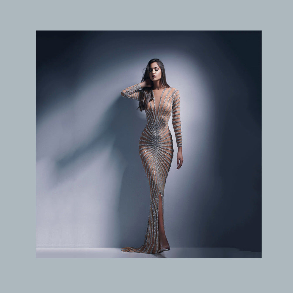 Spring New Fashionable Hot Diamond Women's Mesh Transparent Sleeve Split Long Dress