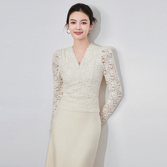 Socialite Style Slim Fit Thermal Fleece Lace Trim V-Neck Long Sleeve Knitted Sweater