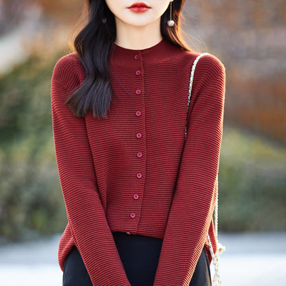 Spring Autumn Women's Round Neck Knitted Sweater Silk Wool Blend Open Cardigan Plain Color Full Sleeve Casual Outerwear