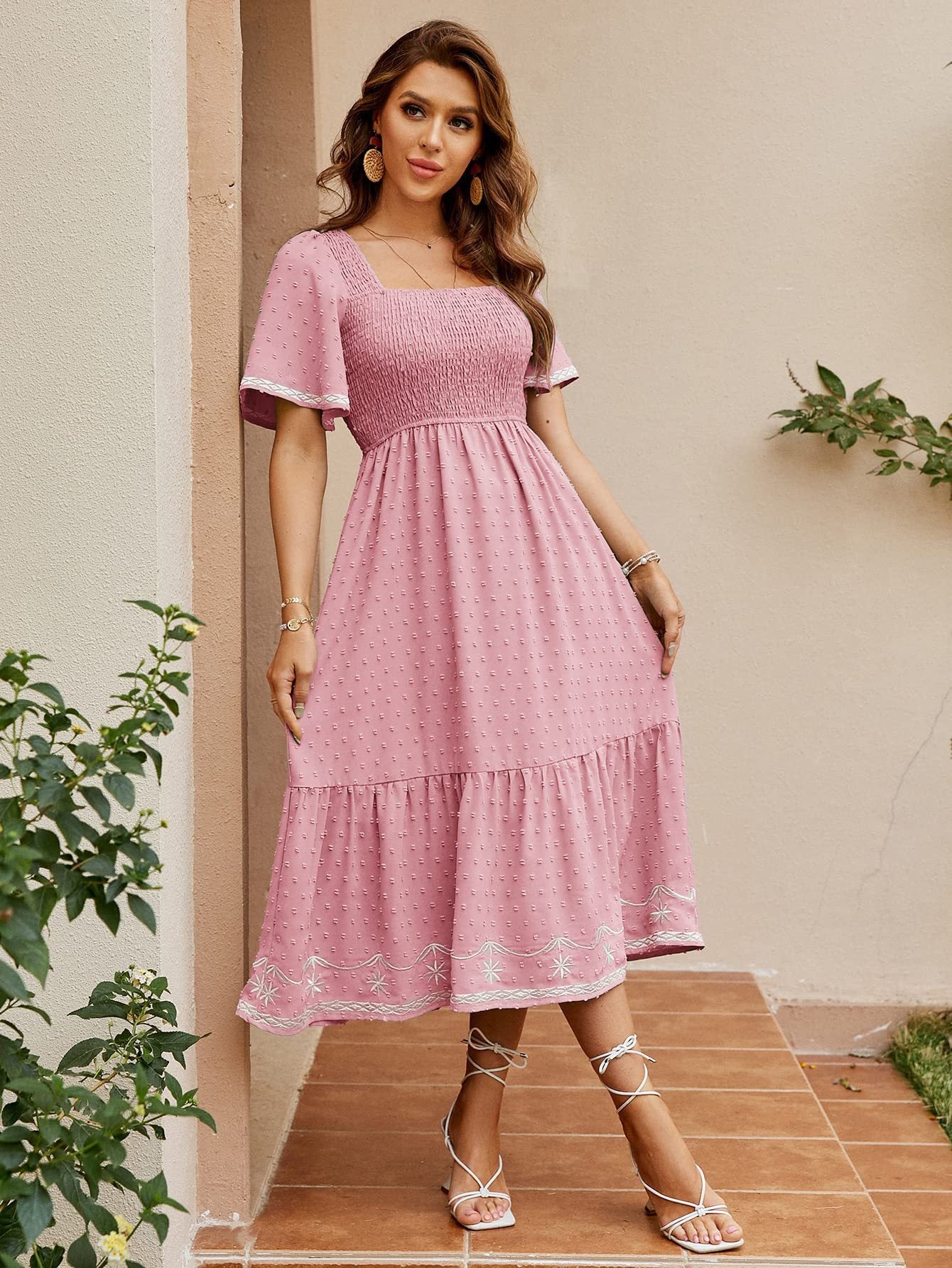 Female Vestidos Sexy Elegant Square Neck A-line Polka Dot Print Puff-sleeved Robe Casual Commuter Beach Street Pastoral Dresses