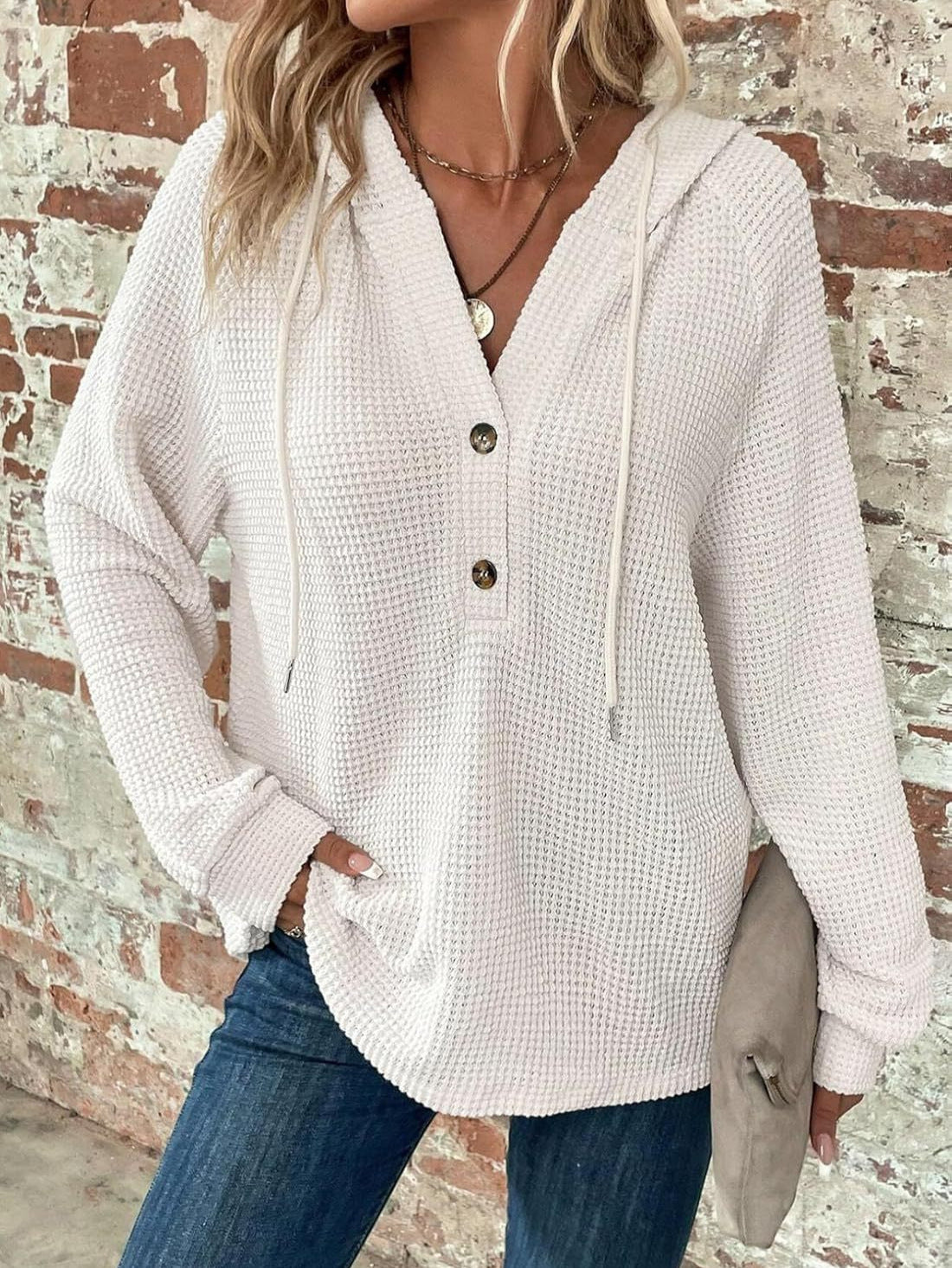 Cross-border New Women's Hoodie Knitted Drawstring Buttons V-neck Long Sleeve Pullover Casual Sports Sweatshirt
