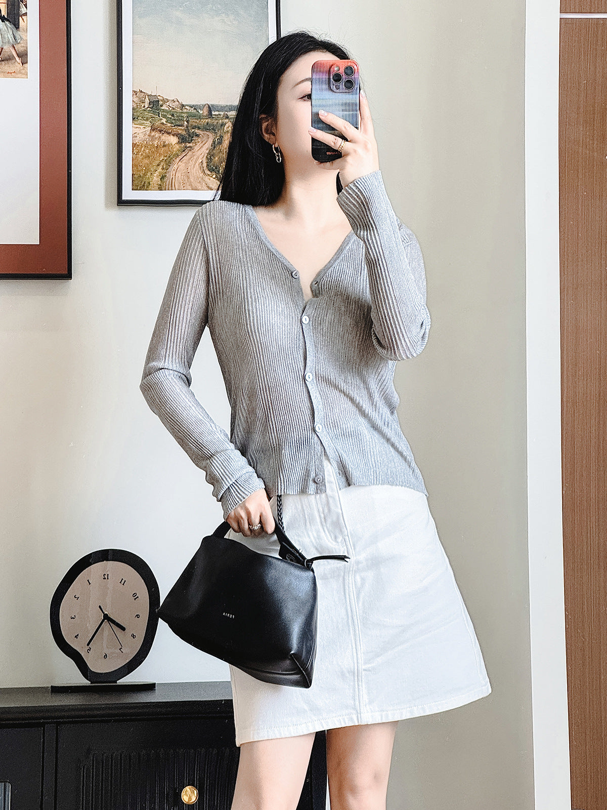 Ultra-Thin Lenzing Lyocell Secret Weave Wide Stripe 16 Needle Long Sleeve V-Neck Shiny Light Cool Feel Open Cardigan Knitwear