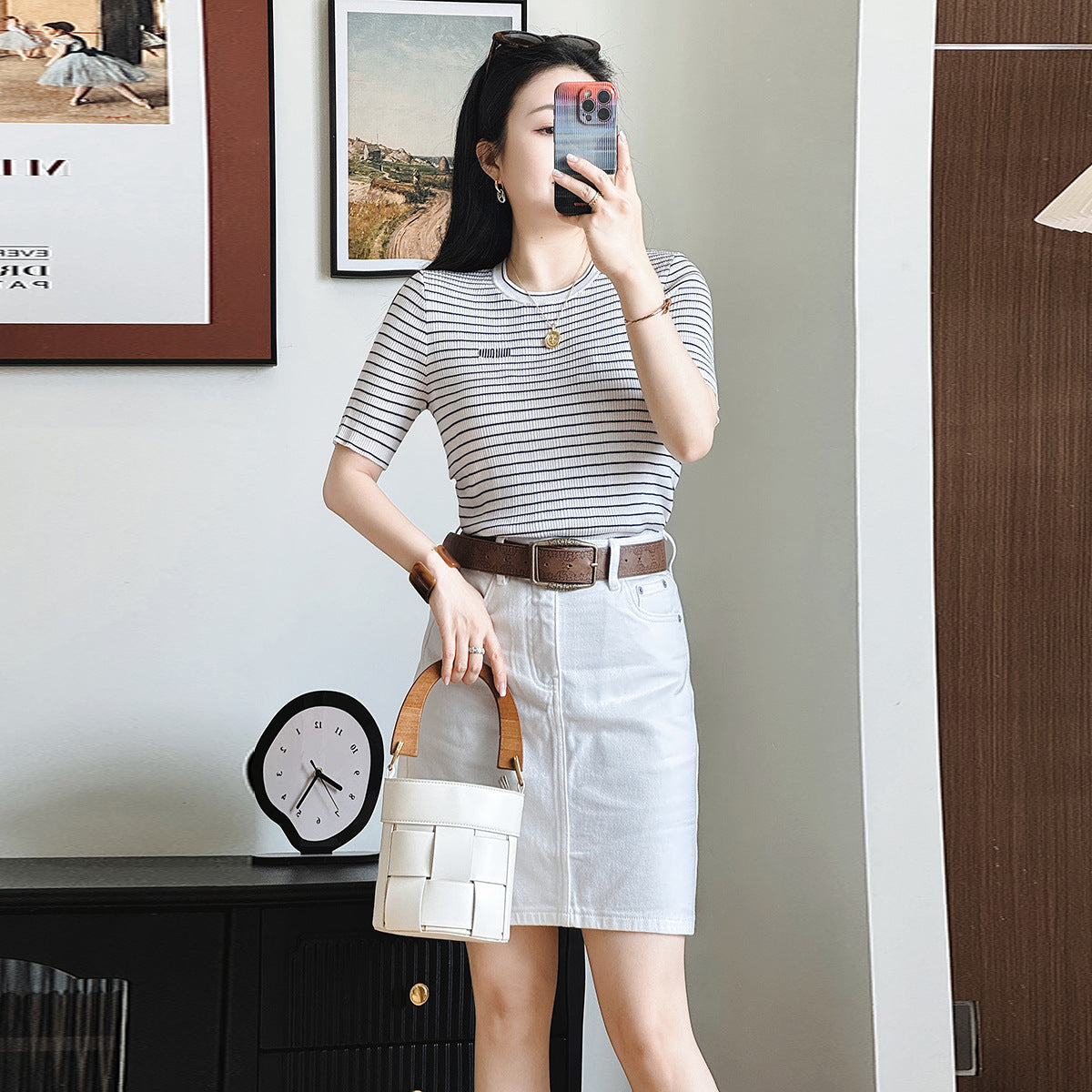 Ultrafine Secret Weave Slim Stripe Knitted Casual Commute Color Block Short Sleeve Silk Leisure Korean Style Round Neck Sweater