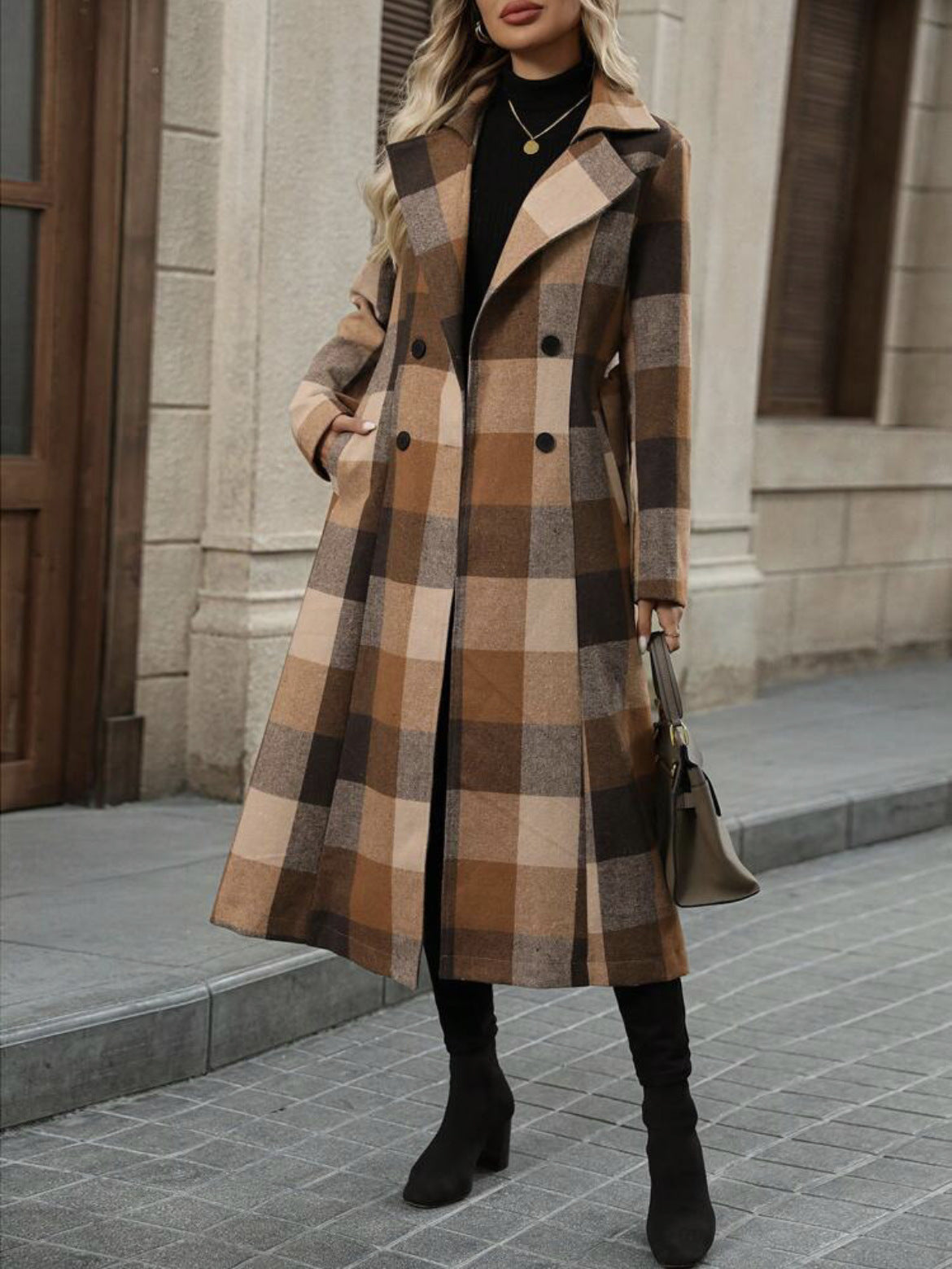 Women's Cross-border New Autumn and Winter British Style Coat Belt Jacket Extended Plaid Trench Coat Women Loose and Comfortable