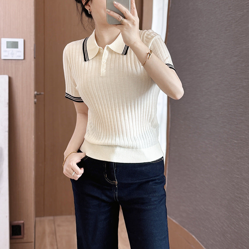 French Vintage Elegant Turn-down Collar 16 Needle Ultra Fine Merino Wool Chunky Stripe Women's Knitwear Casual Style Knitted