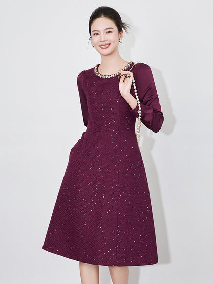Chunky Tweed Elegant Mini Dress Designer Style Slim Fit Rhinestone Detail Long Sleeve Fall Winter Women Fashion Female Clothing