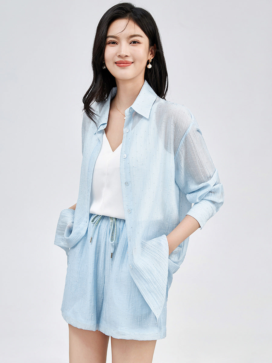 Loose Casual Sun Protection Shirt plus Elastic Waist Shorts Linen Set Comfortable Draped Feeling Lazy Style