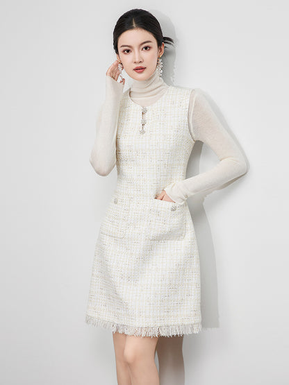 Black Tweed dress Spring / Autumn Women's Dress sleeveless Ladies Slim Bottoming Dress One-piece