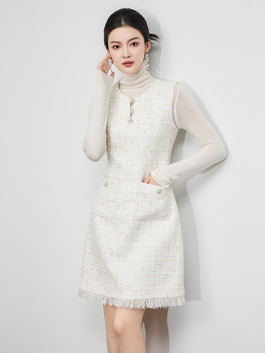 Black Tweed dress Spring / Autumn Women's Dress sleeveless Ladies Slim Bottoming Dress One-piece