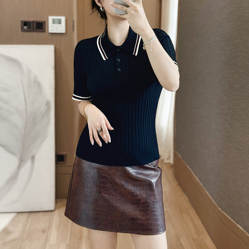 French Vintage Elegant Turn-down Collar 16 Needle Ultra Fine Merino Wool Chunky Stripe Women's Knitwear Casual Style Knitted