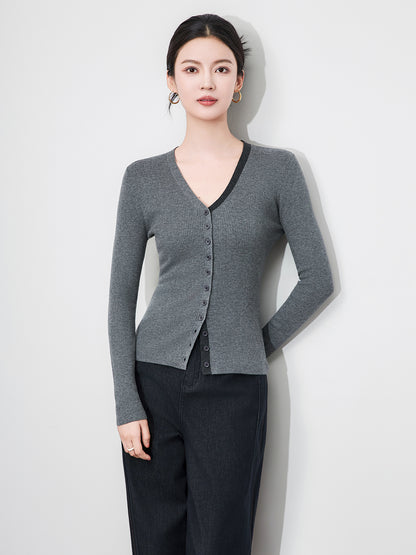 French Black V-Neck Single-Button Knitted Open Cardigan Women's Early Autumn Slim Soft Sweater Base Shirt Long Sleeve Casual