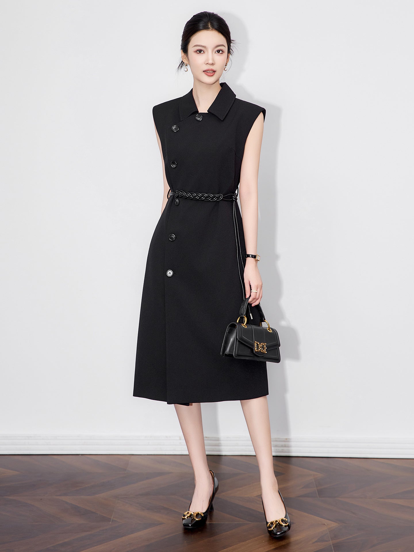 Simple Elegant Long Sleeveless Vest Dress Women's Turn-down Collar Waist-cinched Pleated A- Line One-piece Autumn New Arrival