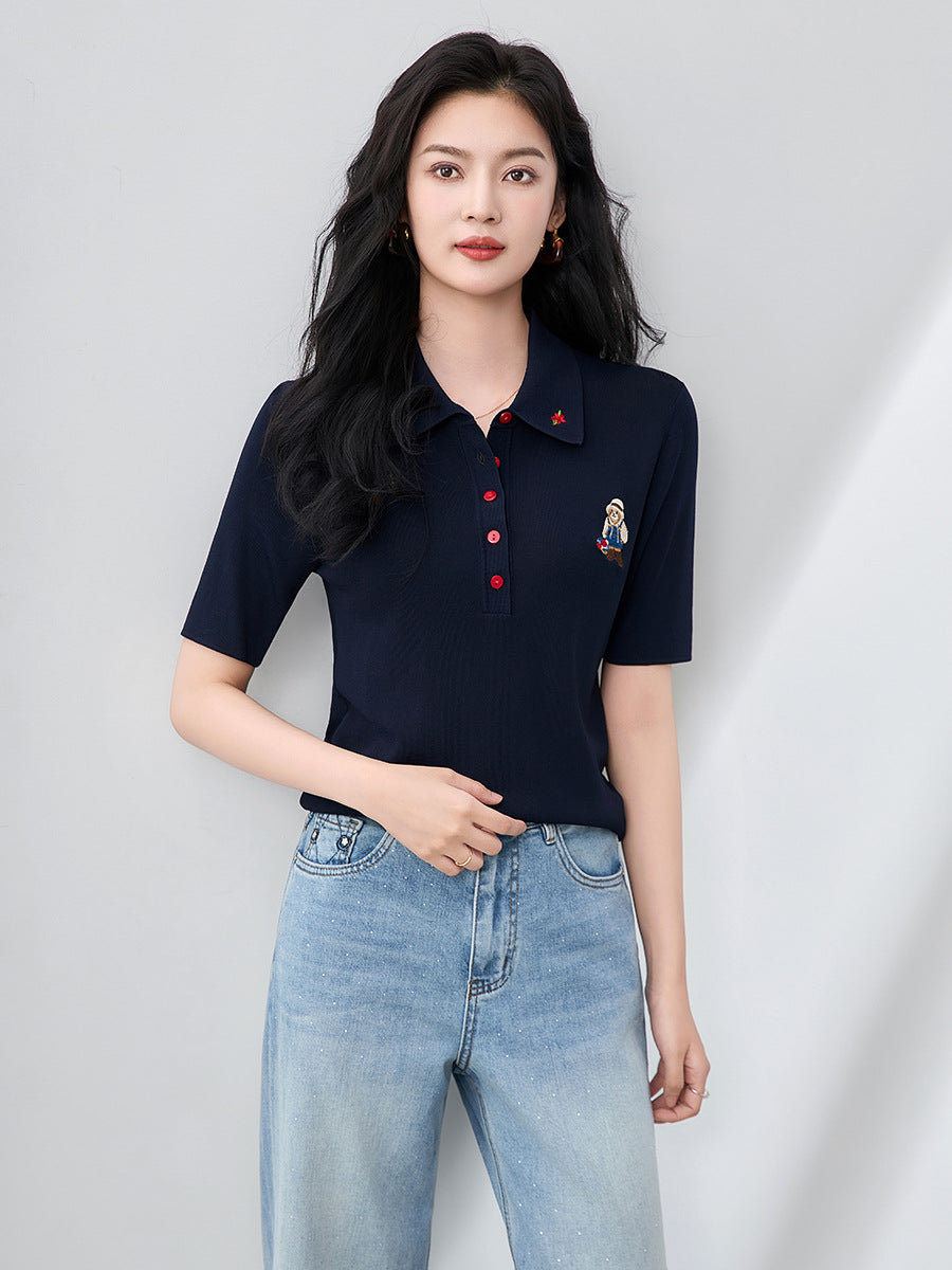 Office Lady Cartoon Embroidery Turn-down Collar T-shirt Summer Short Sleeve Vintage Chic Tops
