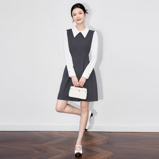 Women's Dress False Two-piece Shirt Belted Waist Flip Collar Dress New Elegant Formal Commuting Long-sleeve Dress
