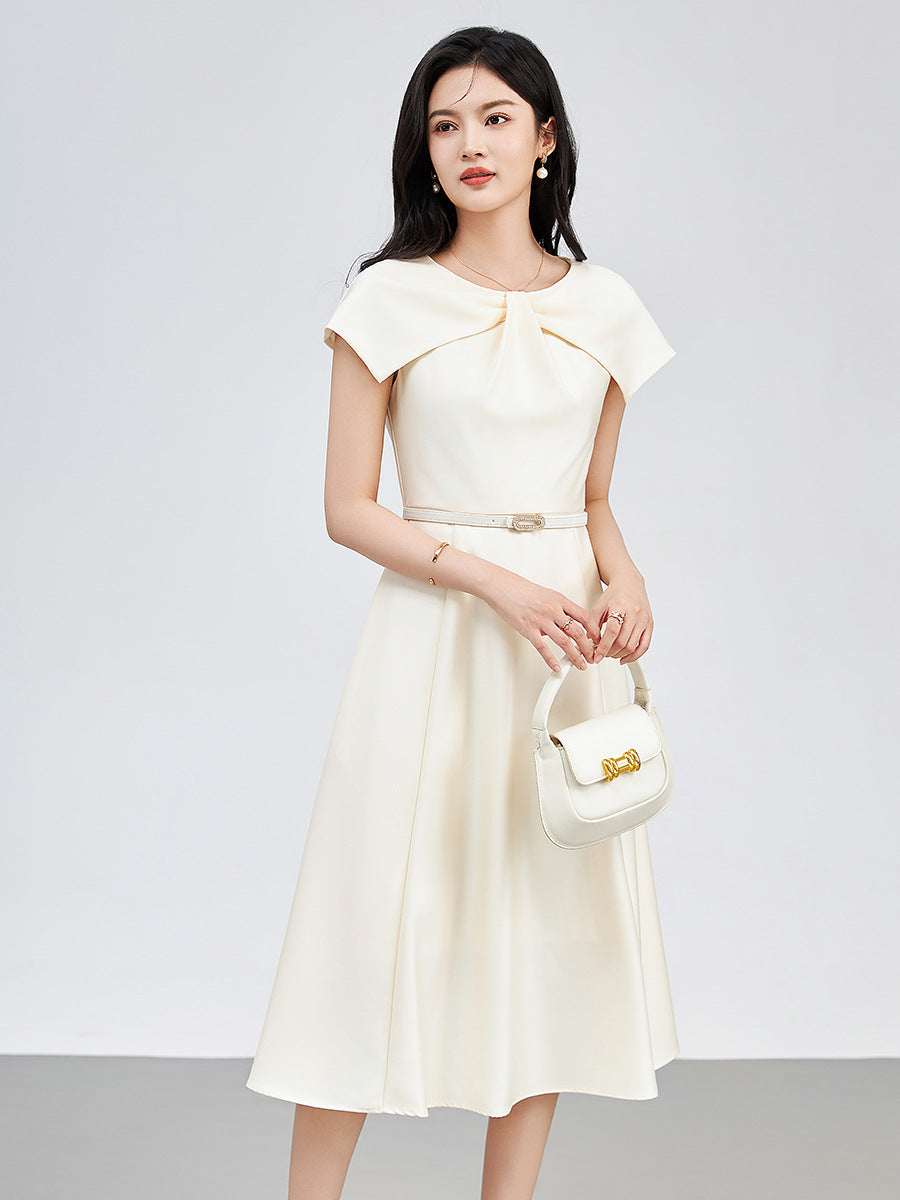 Summer Women Chic Bowknot Dress O-neck Butterfly Sleeve Elegant Slim Office A-line Dresses Women Pink Sweet Vestido