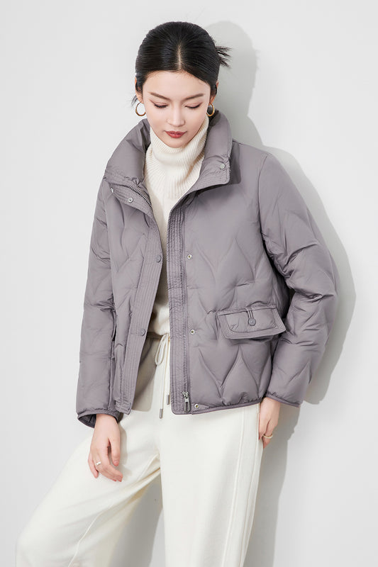 White Duck Down Short Puffer Jacket Women's Elegant Commute Style Windproof Warm Stand Collar Thickened Polyester Fabric