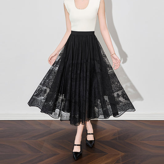 Elegant Butterfly Embroidery Lace Net Half Skirt Umbrella Hemline Women's New Style Polyester Fabric Midi Skirt Vintage Artis...