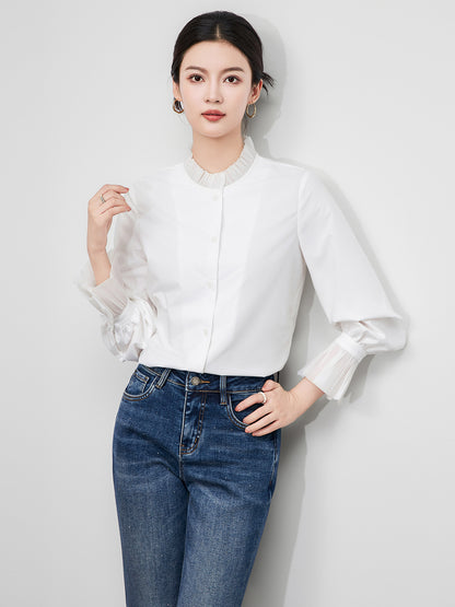 Standing Collar Commuting Shirt For Women's Summer 2025 New French Quarter Sleeved Women