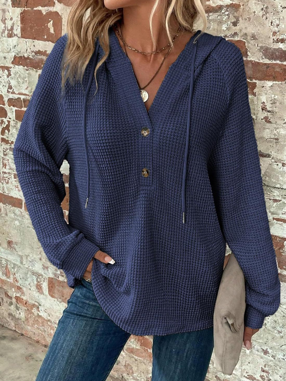 Cross-border New Women's Hoodie Knitted Drawstring Buttons V-neck Long Sleeve Pullover Casual Sports Sweatshirt