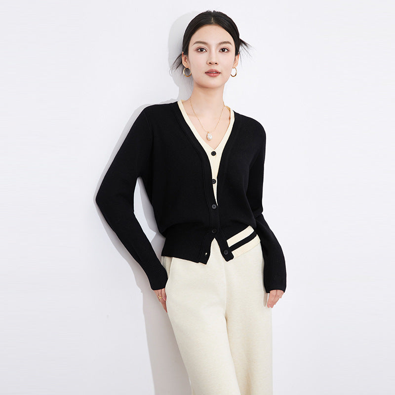 Color Black V-Neck Knitted Open Cardigan Fashionable Versatile Women's Single Piece Long Sleeve Basic Fit Style Elegant Commute