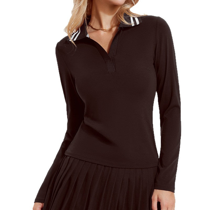 Women's Clothing Functional Sports Yoga Tops Slim Fit Fitness Outdoor Running Sports Lapel Deep V-Neck Tennis Long Sleeved Top