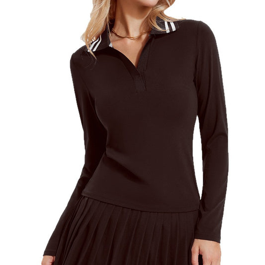 Women's Clothing Functional Sports Yoga Tops Slim Fit Fitness Outdoor Running Sports Lapel Deep V-Neck Tennis Long Sleeved Top