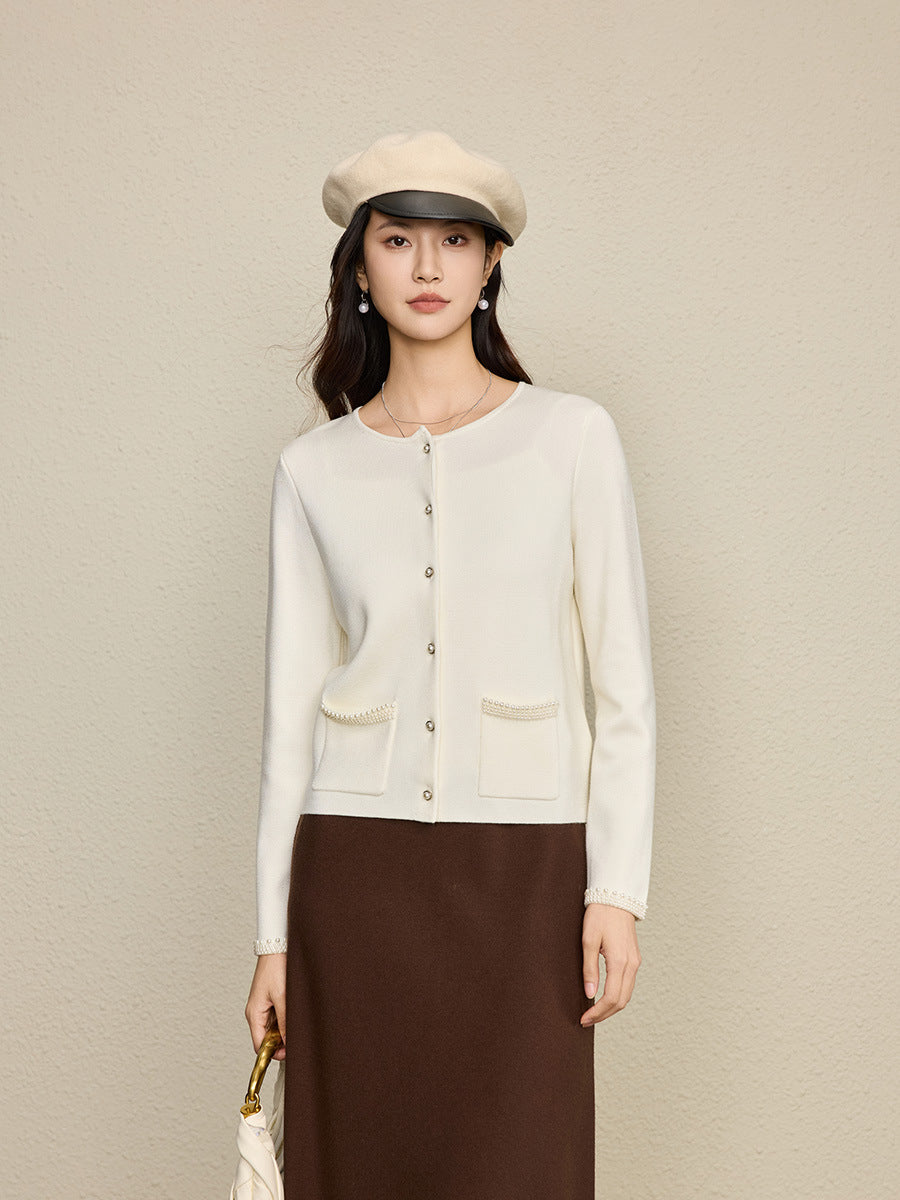 High Quality Summer and Autumn New Fashion Pearl Rivet Socialite Women's Long Sleeved Round Neck Knitted Top Cardigan Set
