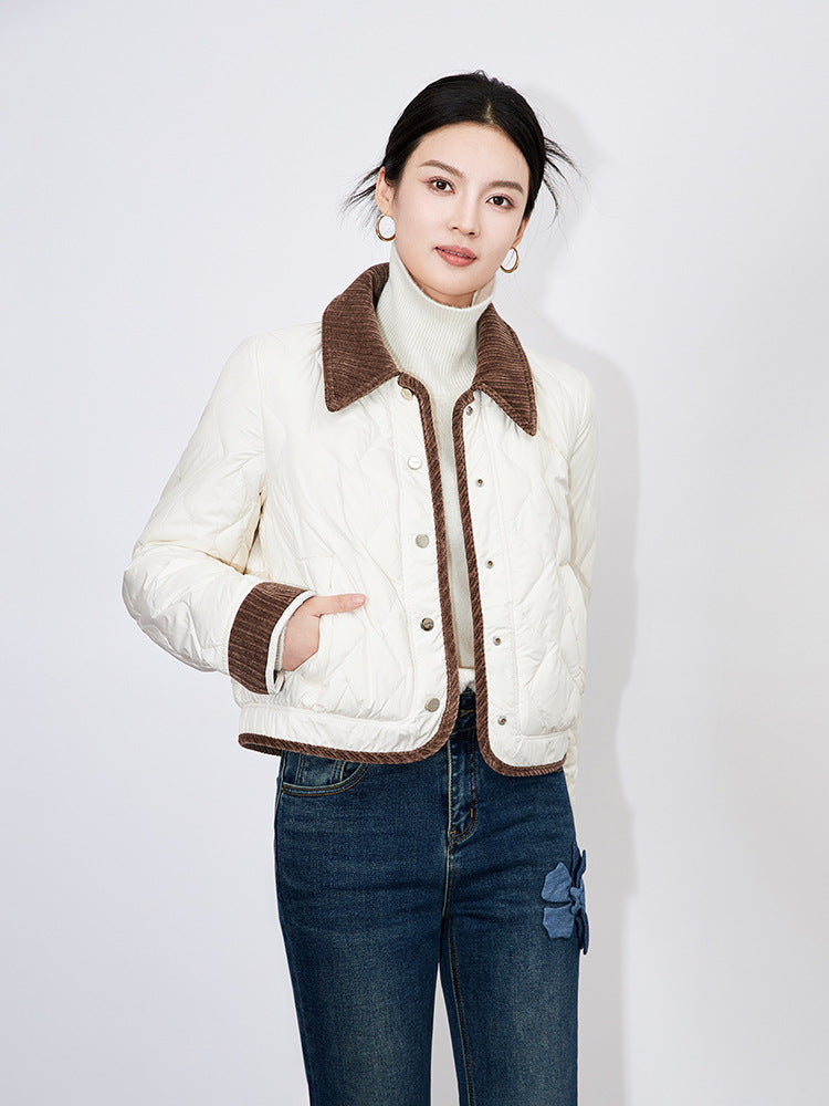 Fashionable Retro Commuter Color Block Collar Thickened Warm Casual Anti-Aging Down Jacket Winter Style High Density Matte Nylon