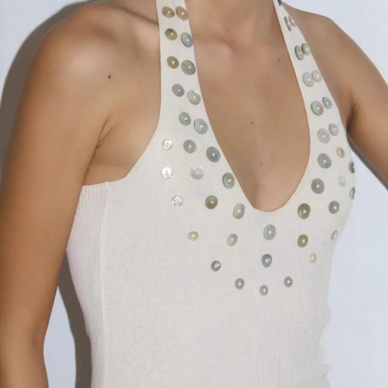 Wool Spanish Irregular Pearl Mother of Pearl Sequin Knitted Long Dress Slim Fit Dress for Women in Summer