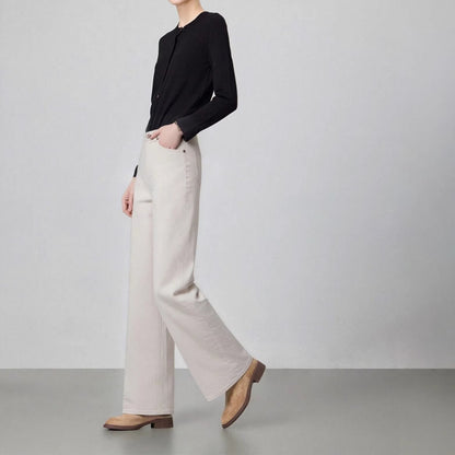 Mid-Calf Straight Leg Stretchy Denim Jeans Women's Soft Cotton Blend Elastic Waist Light Beige Pants