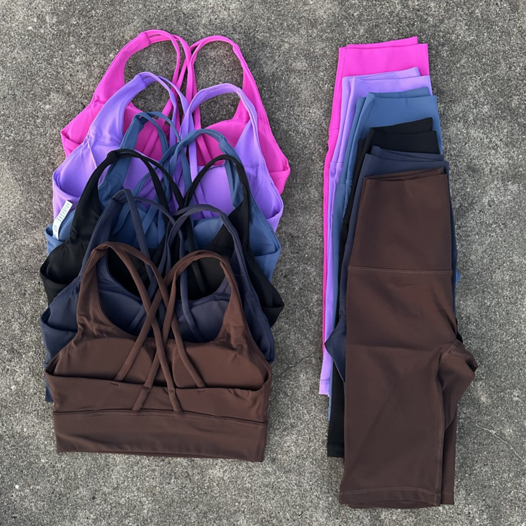 Solid Color Gym Cycling shorts Yoga Set Short Legging +Cross Back strap Sport Bra Athletic Women Suit Comprehensive Training Jog