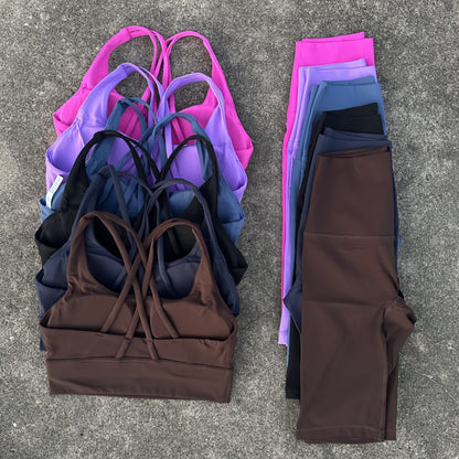 Solid Color Gym Cycling shorts Yoga Set Short Legging +Cross Back strap Sport Bra Athletic Women Suit Comprehensive Training Jog
