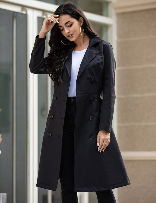 Women's Trench Coat Fashion with Pockets Slim Fit Belted Mid-Length Coat Elegant Lapel Double Breasted Windbreaker for Ladies