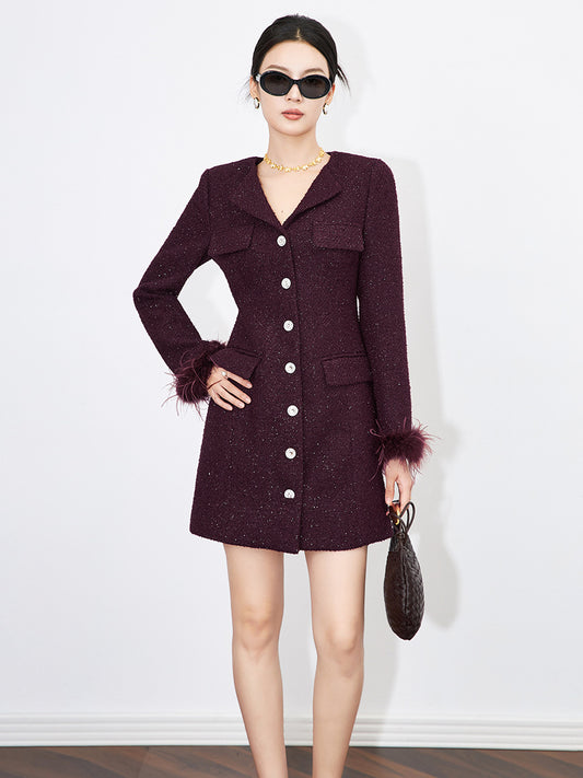 Elegant Fur Patchwork Women Jacket Autumn Single Breasted Turn-down Collar Korean Slim Waist Medium-long Coat
