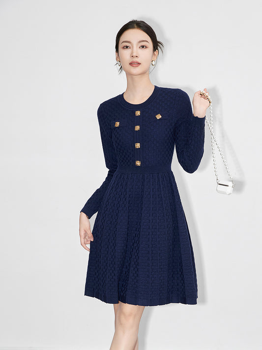 Autumn Winter Long Sleeve Knitting Sweater Dresses for Women New Designer Buttons Solid Fashion Pleated Knee Length Dress