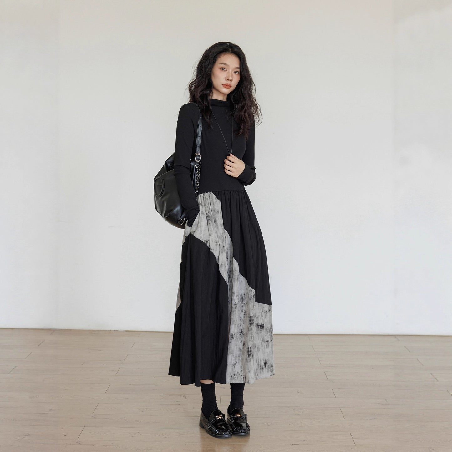 Vastand Chic Office Commute V-Ne Splice T-irt Dr Women's Long Sve A-Line Skirt Faionable Cool Sensation