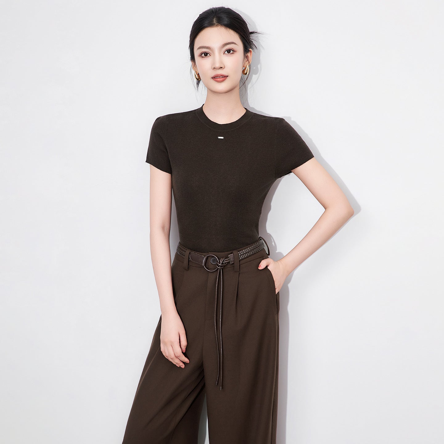 T-irt Women's Elastic Casual Sports Top American Sle Pure Color Slim Fit Summer Round Ne Irt