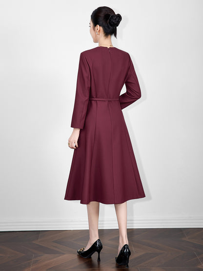 Elegant Commuter Office Lady Business Dresses V-neck Long Sleeve High Waist Belt Slim A-line Elegant Evening Dress