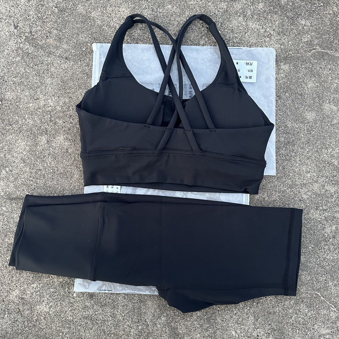 Solid Color Gym Cycling shorts Yoga Set Short Legging +Cross Back strap Sport Bra Athletic Women Suit Comprehensive Training Jog