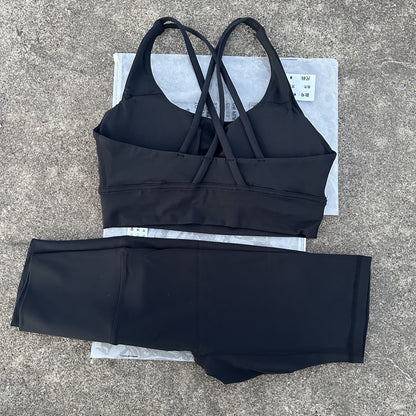 Solid Color Gym Cycling shorts Yoga Set Short Legging +Cross Back strap Sport Bra Athletic Women Suit Comprehensive Training Jog