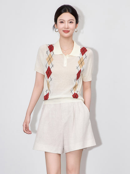 Women's Casual Loose College Style round Neck Diamond Pattern Knitted Hoodie Short Sleeve Shirt Polo Collar Grid Pat