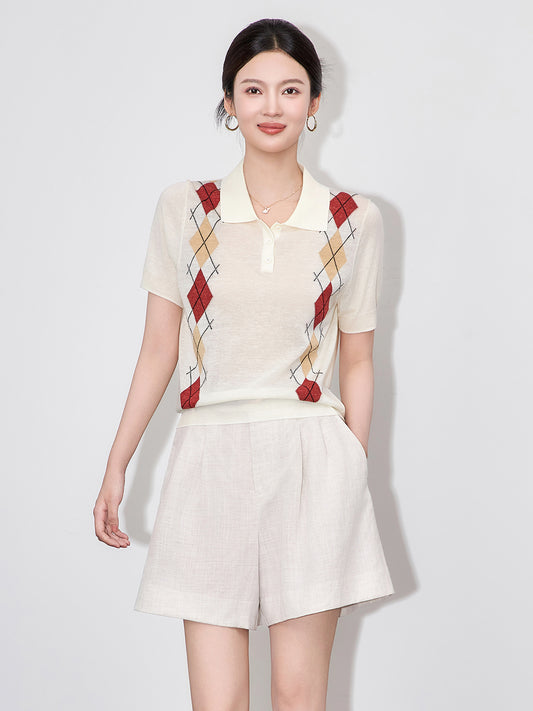 Women's Casual Loose College Style round Neck Diamond Pattern Knitted Hoodie Short Sleeve Shirt Polo Collar Grid Pat