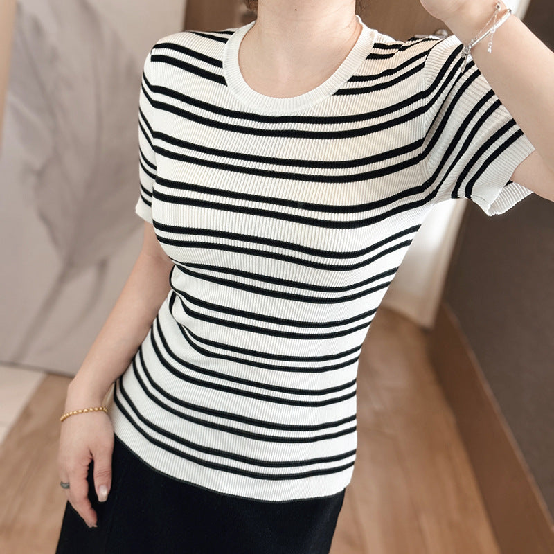 Elegant Fashion Harajuku Slim Fit Female Clothes Loose Casual All Match Knitwear Stripe O Neck Insert Short Sleeve T-shirts