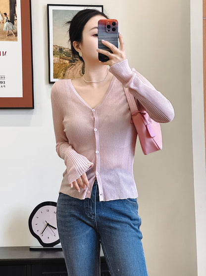 Ultra-Thin Lenzing Lyocell Secret Weave Wide Stripe 16 Needle Long Sleeve V-Neck Shiny Light Cool Feel Open Cardigan Knitwear