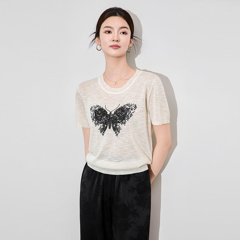 Summer New Plus Size Korean Fashion Style Butterfly Round Neck Knitted Short Sleeved Top Slimming