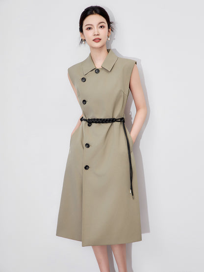 Simple Elegant Long Sleeveless Vest Dress Women's Turn-down Collar Waist-cinched Pleated A- Line One-piece Autumn New Arrival