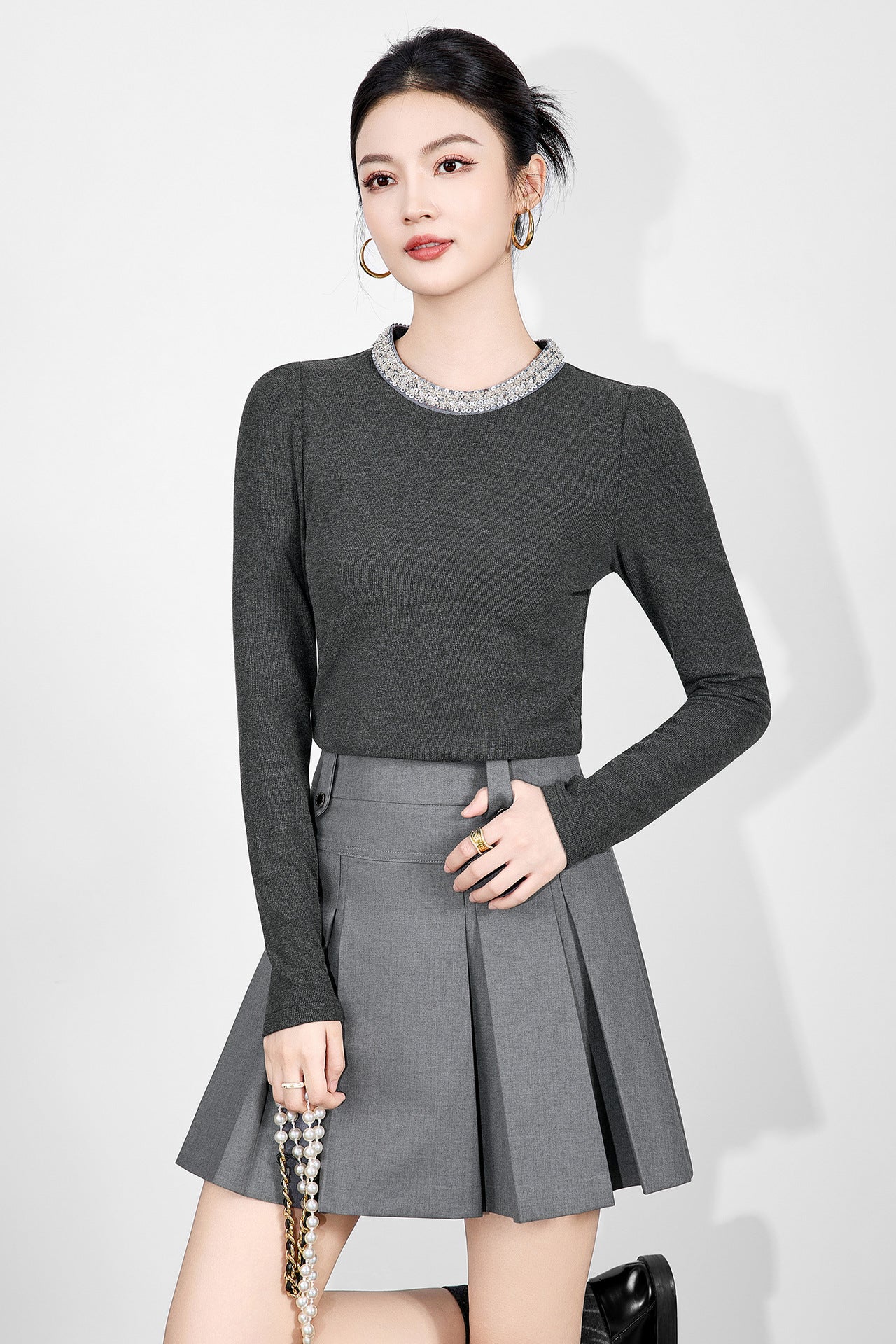 Elegant Knitted Wool Round Neck Slim Fit Base Shirt Elastic Beaded Collar Long Sleeve Thick Gauge French Style Commute Sweater