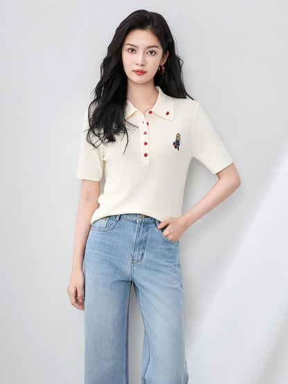 Office Lady Cartoon Embroidery Turn-down Collar T-shirt Summer Short Sleeve Vintage Chic Tops
