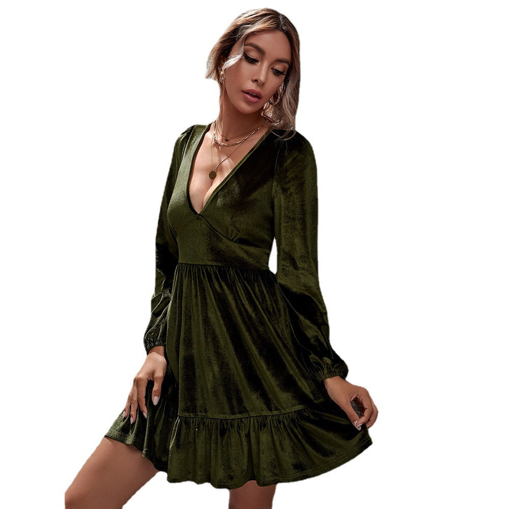New Products in StockinsWomen's Dark Green DeepVPuff Sleeve Velvet Ruffle Dress