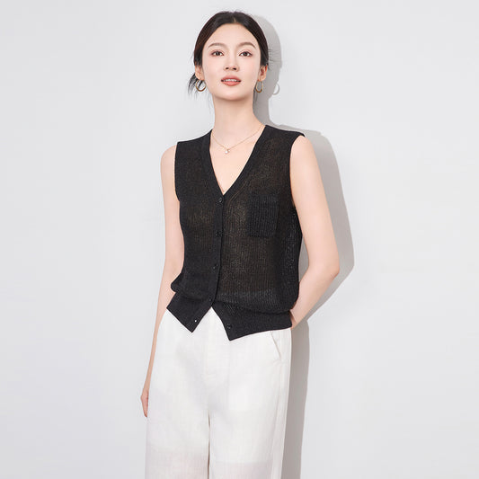 High Quality Dense Weave Paper Silk Vest Single Pocket Knitted Sleeveless V Neck Summer Women's Fashion Thin Hollow Out Backless